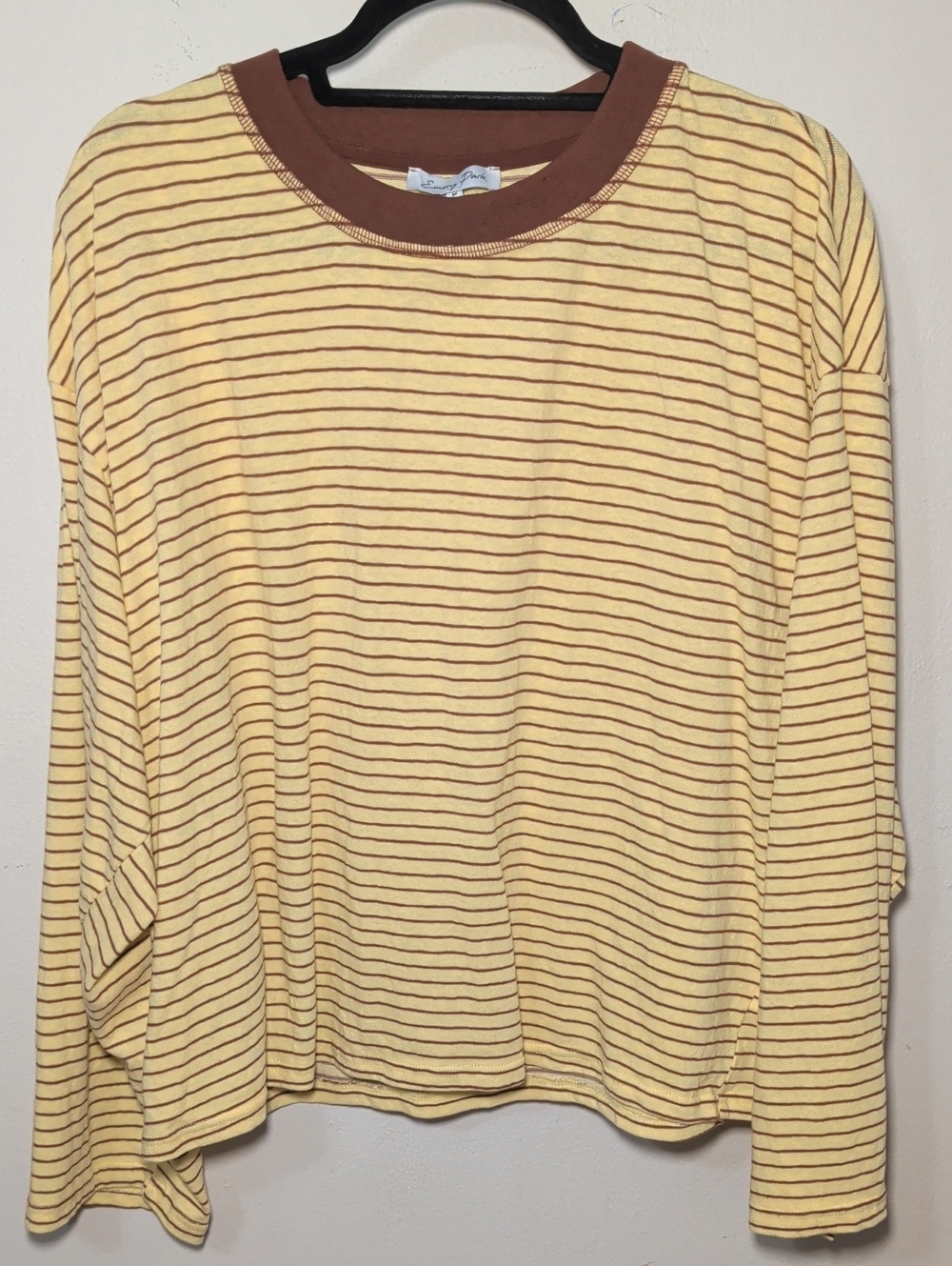 Emory Park Oversized Striped T-shirt Yellow Brown Long-Sleeve Boxy Womens Size M